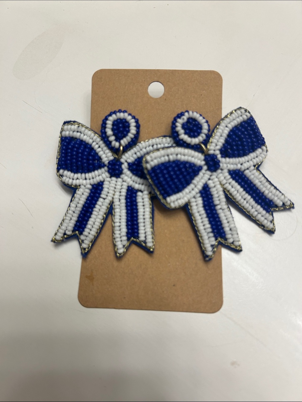 Beaded Bow Earrings for Kids - Blue & White